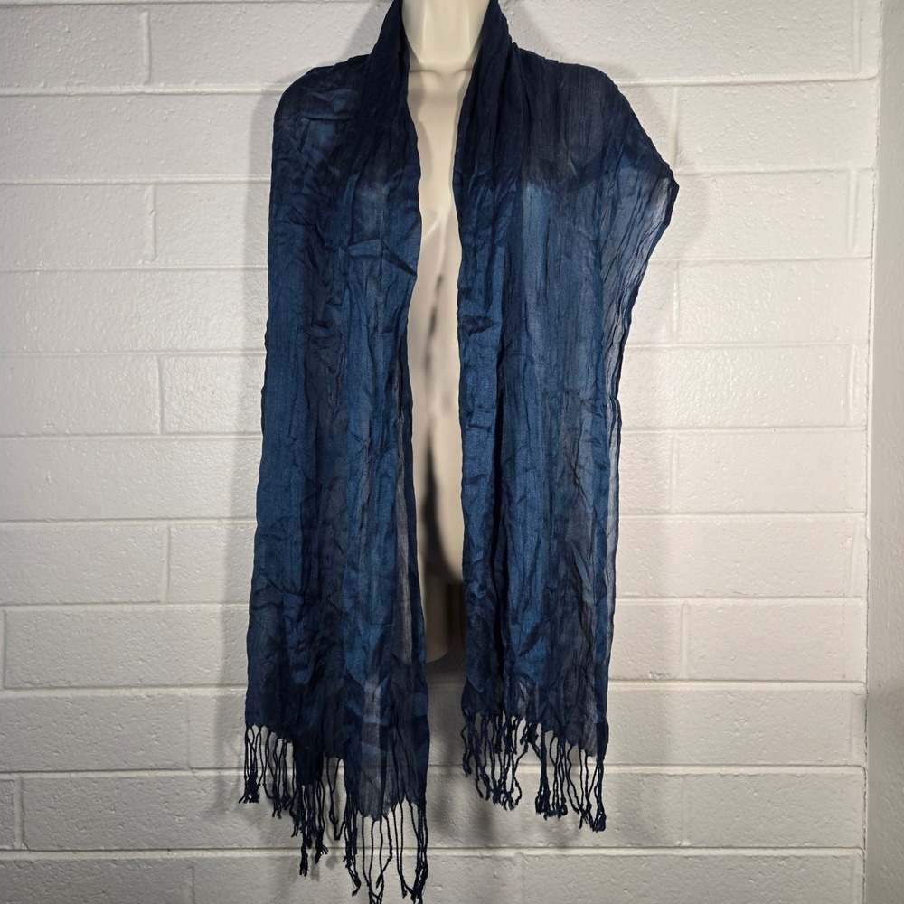 Cotton Silk Blend Crinkle Fringe Scarf Wrap Shawl 28x72 Lightweight Lagenlook - Picture 3 of 7
